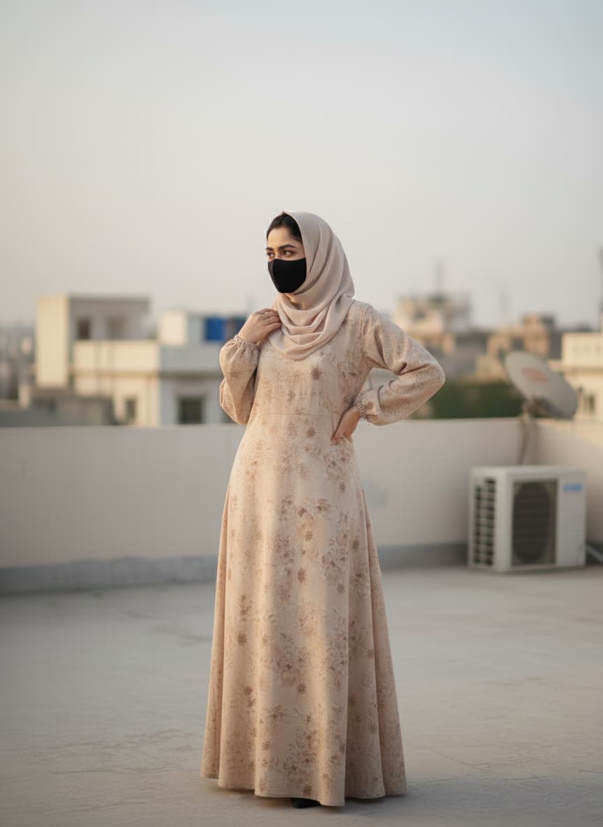 Beige Floral Print Abaya