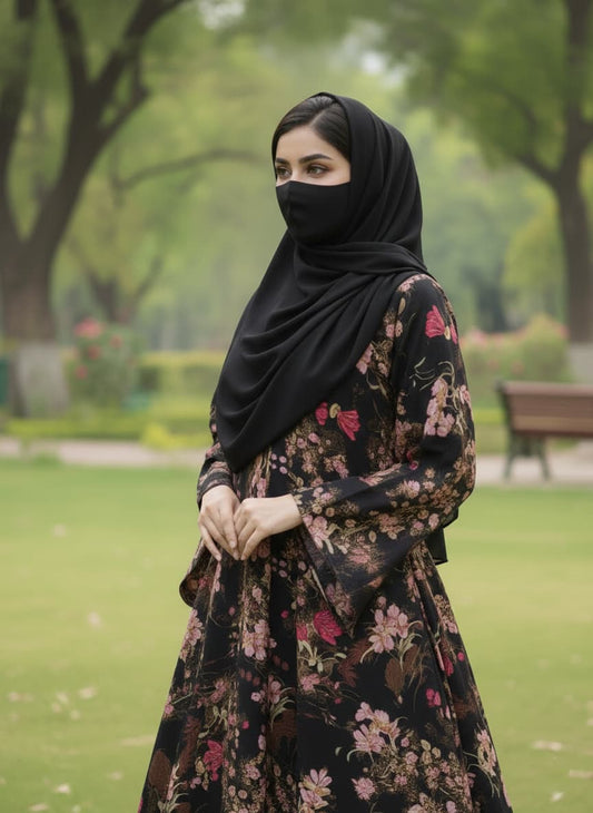 Elegant Black Floral Printed Abaya