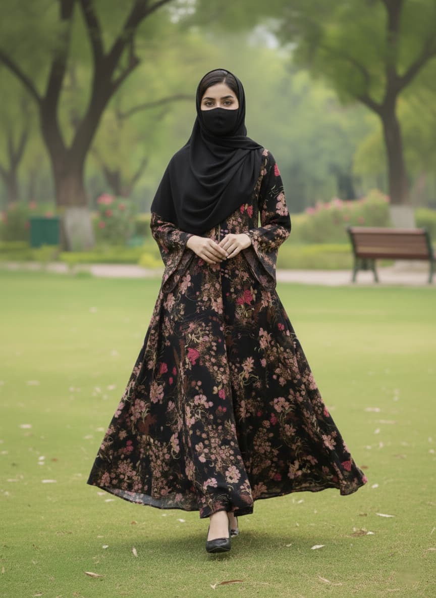Elegant Black Floral Printed Abaya
