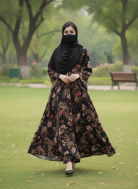 Elegant Black Floral Printed Abaya