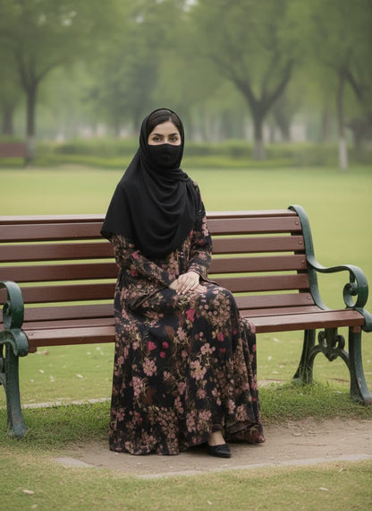 Elegant Black Floral Printed Abaya