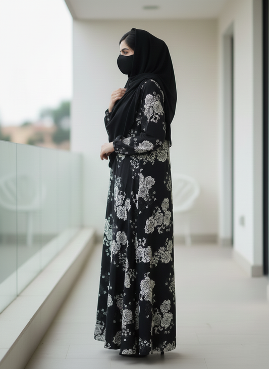 Hani Black & Whaite Floral Abaya