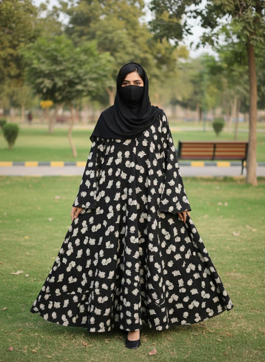Vintage Rose Flared Abaya – Black & Champagne