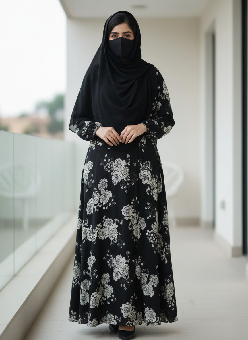 Hani Black & Whaite Floral Abaya