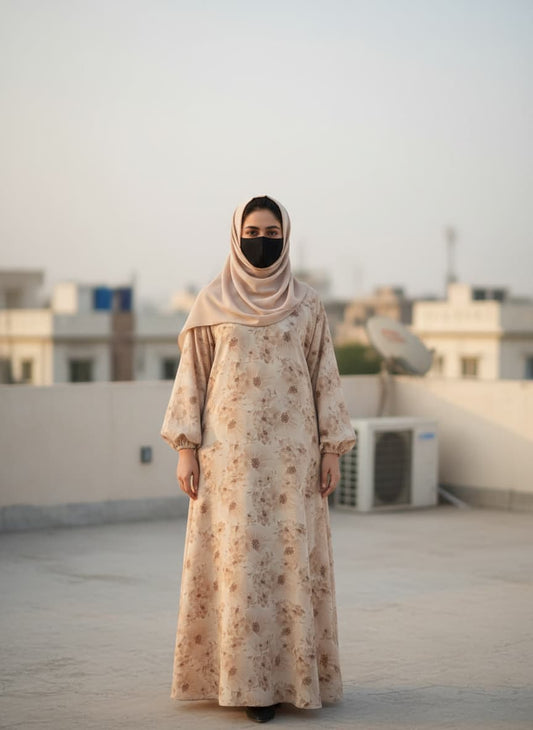 Beige Floral Print Abaya