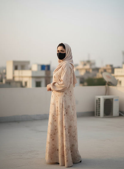 Beige Floral Print Abaya