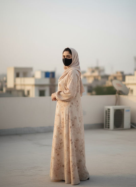 Beige Floral Print Abaya
