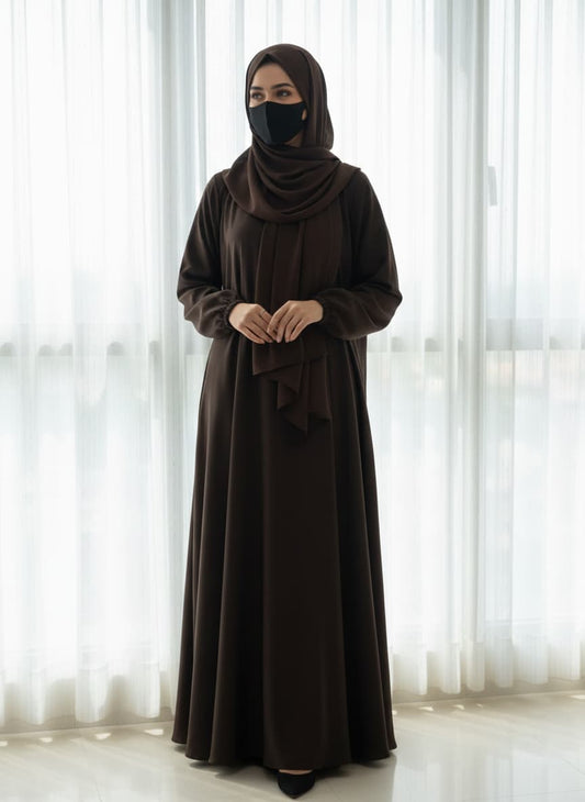Classic Smooth Chocolate Brown Abaya with Elastic Cuffs