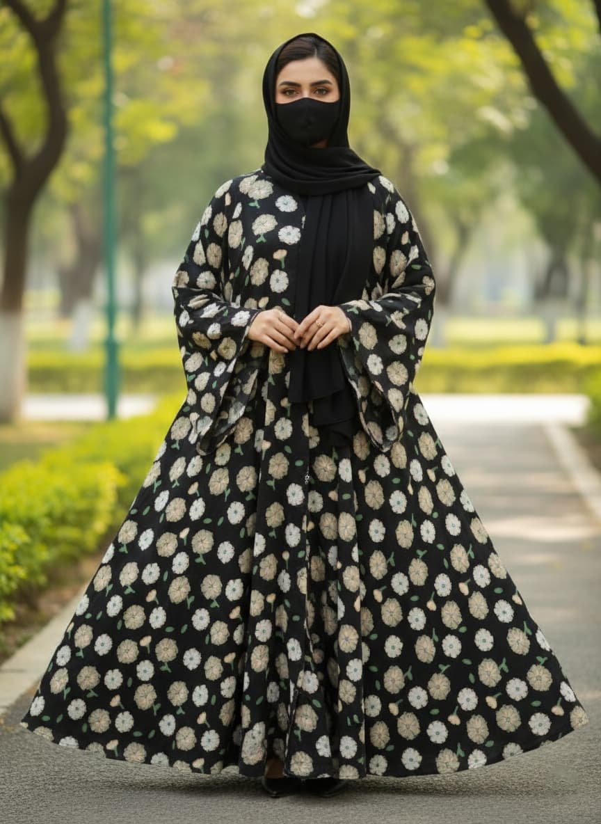 Enchanting Black Floral Printed Abaya