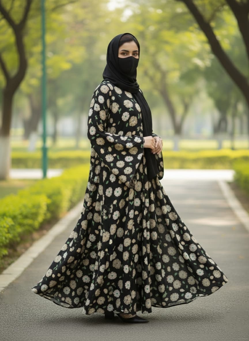 Enchanting Black Floral Printed Abaya