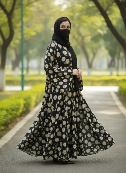 Enchanting Black Floral Printed Abaya