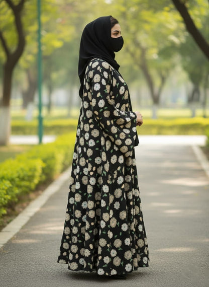 Enchanting Black Floral Printed Abaya